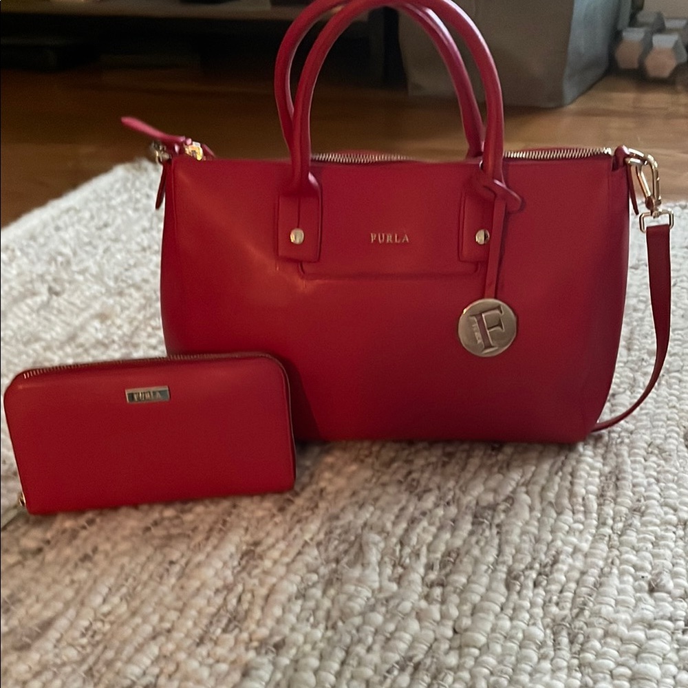 Furla Linda Saffiano leather top handle satchel purse with matching wallet